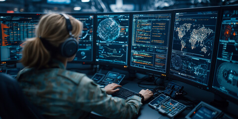 woman in high tech control room monitors multiple screens displaying global data and coding interfaces, showcasing dynamic and focused environment