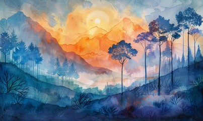 watercolor landscape, soft and serene, hand-painted with a focus on atmospheric perspective
