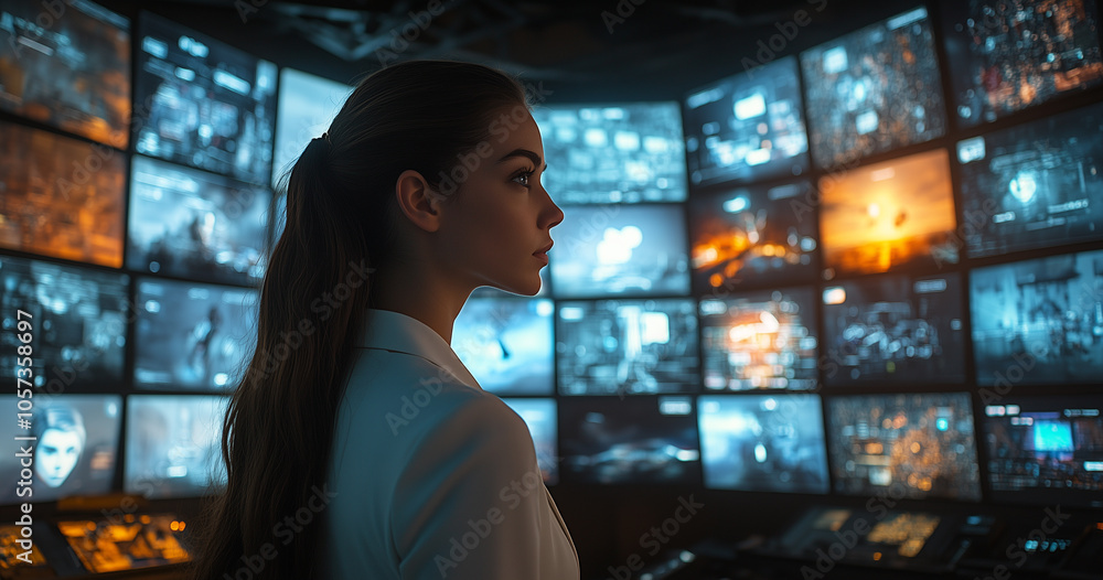 Poster female business professional in white suit stands confidently in front of multiple glowing screens, 