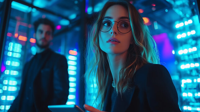 woman in server room holding tablet, surrounded by glowing blue lights, with man in background