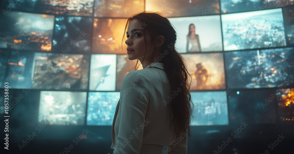Poster businesswoman stands confidently in front of large, immersive video wall displaying various dynamic 