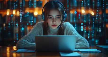 focused female student is studying in library, wearing headphones and using laptop, surrounded by digital data overlay