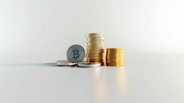 Bitcoin Crypto currency Gold Bitcoin BTC Bit Coin close up of Bitcoin coins isolated on white background. Blockchain technology, bitcoin mining concept 3d rendering. Generative AI