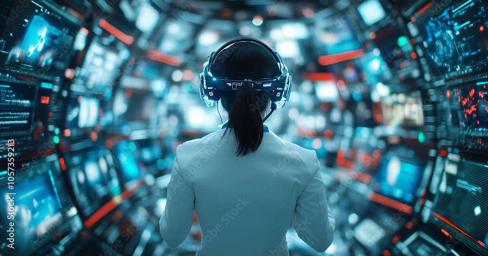 Poster woman in white suit stands at center of immersive digital environment, surrounded by futuristic scre