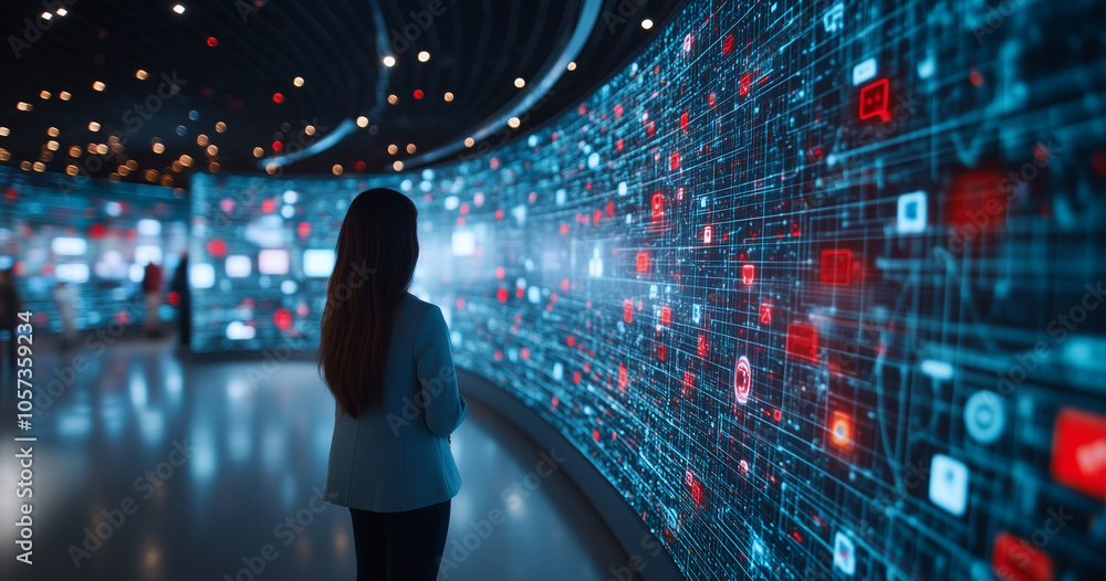Poster woman in business attire stands in front of large digital display filled with data and graphics, creating futuristic and innovative atmosphere