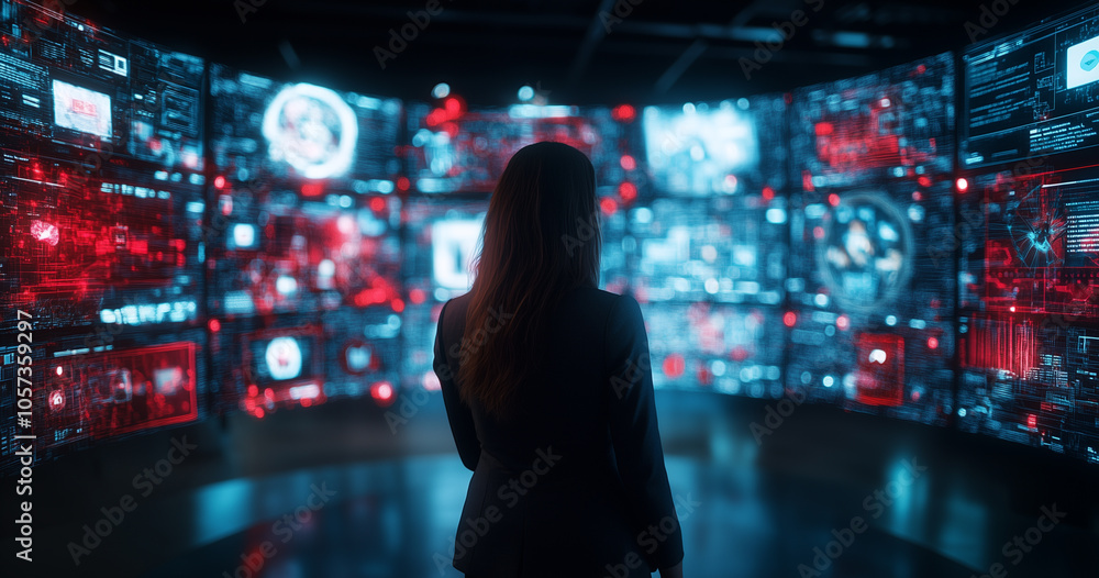 Poster woman in business attire stands at center of immersive digital display, surrounded by futuristic screens filled with data and graphics, creating high tech atmosphere