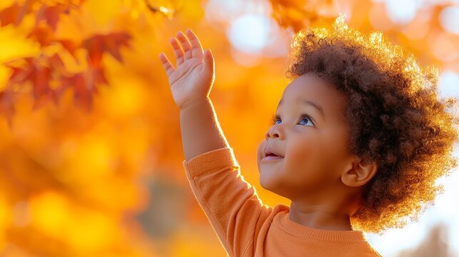 Joyful child reaching for colorful autumn leaves in a vibrant fall landscape captured in golden light