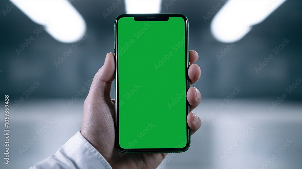 Aufkleber person holds smartphone with vibrant green screen, ready for customization or display in modern, blu
