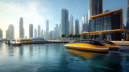 High-tech marina featuring electric water taxis and boats with minimalistic designs and smart navigation systems