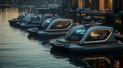 High-tech marina featuring electric water taxis and boats with minimalistic designs and smart navigation systems