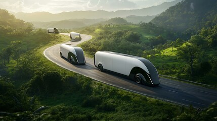 Fototapeta premium Advanced electric semi-trucks on a highway surrounded by lush, green landscapes, showcasing streamlined designs for improved aerodynamics and energy efficiency
