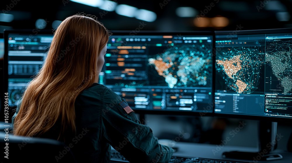 Poster woman with long hair is focused on multiple computer screens displaying global data and analytics in dimly lit control room