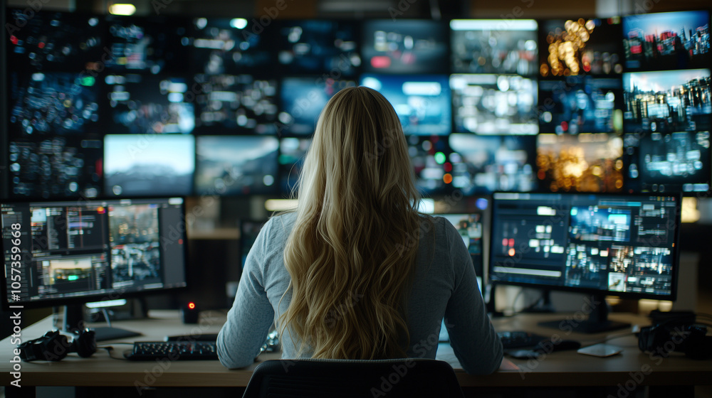 Poster woman with long blonde hair is sitting at desk, monitoring multiple screens displaying various data 