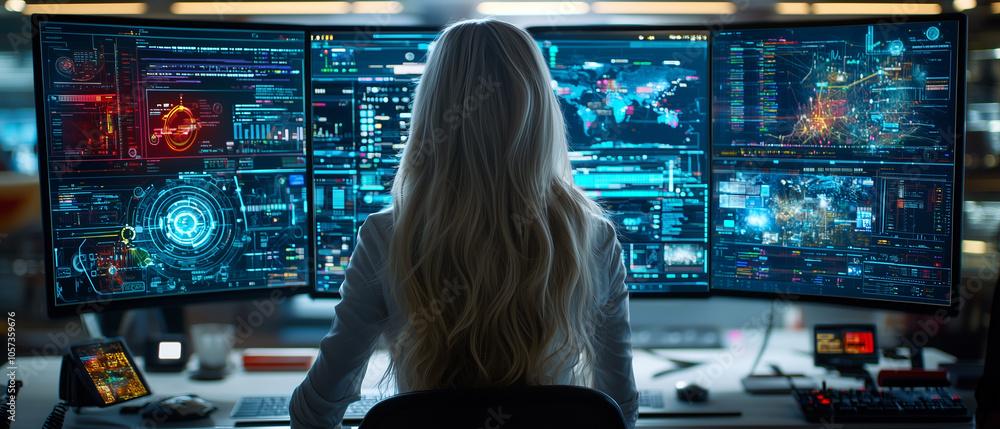 Poster woman with long hair is focused on multiple computer screens displaying complex data and graphics in high tech control room