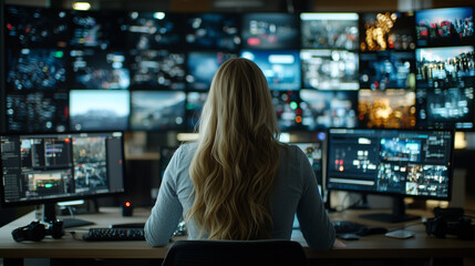 woman with long blonde hair is sitting at desk, monitoring multiple screens displaying various data and images in control room. atmosphere is focused and high tech