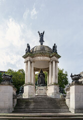 Fototapeta premium Statue of Queen Victoria monument at Derby square dominated (Beaux-Arts style memorial) in city center of Liverpool, Merseyside, Space for text, Selective focus.