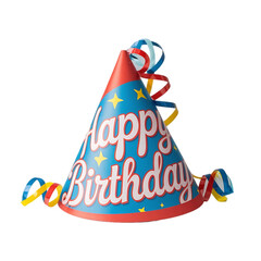 A blue and red birthday hat with streamers for festive celebrations  