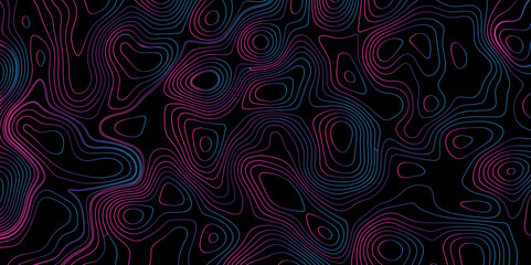 Abstract gradient multicolor on black background with Topographic line map pattern, Topographic map lines, contour background, wavy and curved lines background, Geographic map.	