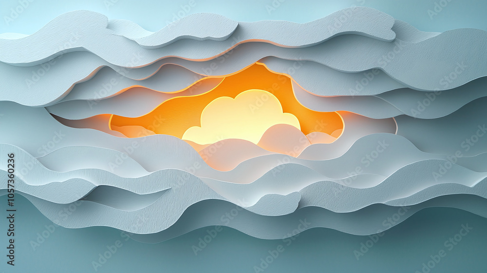 Poster Layers of Abstract Clouds Illuminated by a Warm Glowing Light Creating a Dreamy Atmosphere