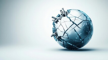 A cracked, reflective globe suggests themes of fragility, global issues, and environmental challenges, embodying the state of the world today.