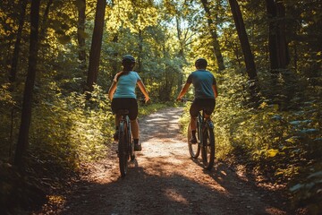 Fototapeta premium Cyclists riding mountain bikes on forest trail at sunset