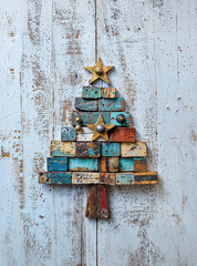 christmas tree made of distressed wood and found objects a light blue painted shabby wooden background