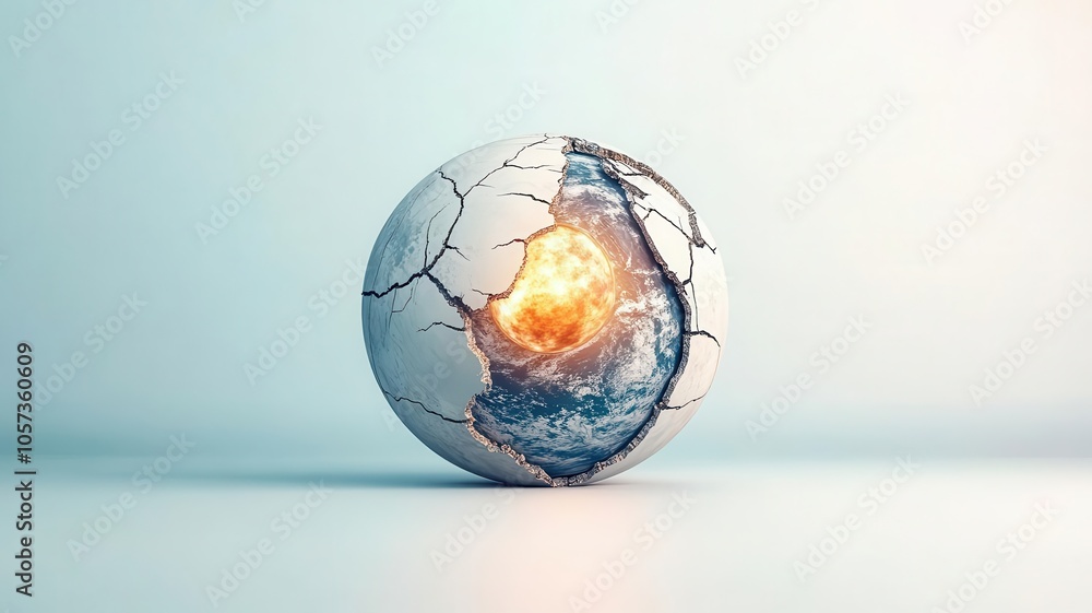Poster a cracked sphere with a fiery explosion emanating from within, symbolizing destruction and transform