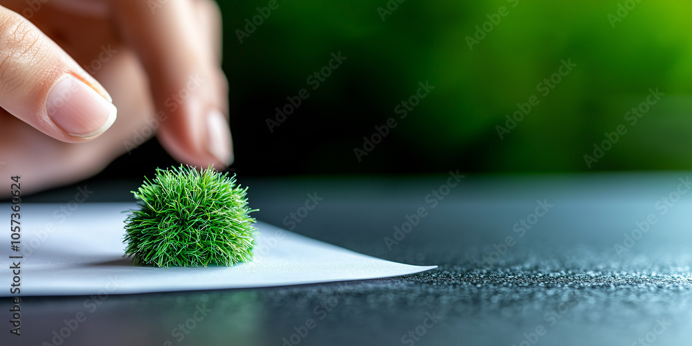 Aufkleber hand gently touches small green moss ball on white surface, creating serene and minimalist scene. fo