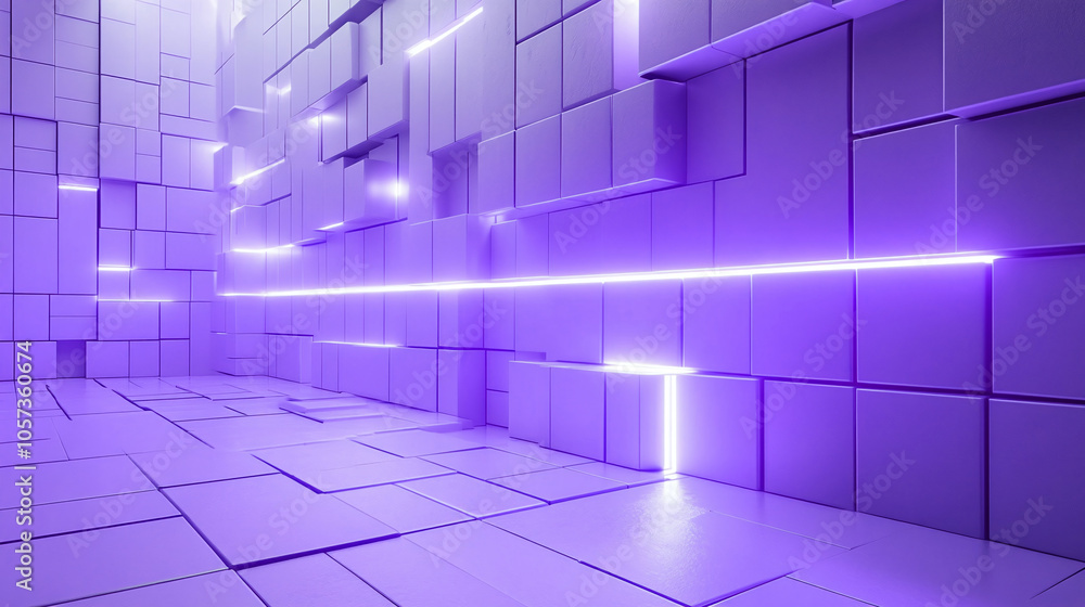 Poster a futuristic environment with glowing purple lines and textured cubes in a modern design space