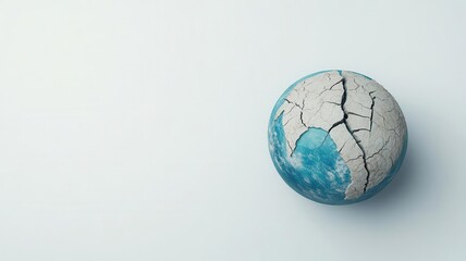 A cracked globe with blue and white hues, symbolizing a damaged Earth and environmental concerns.