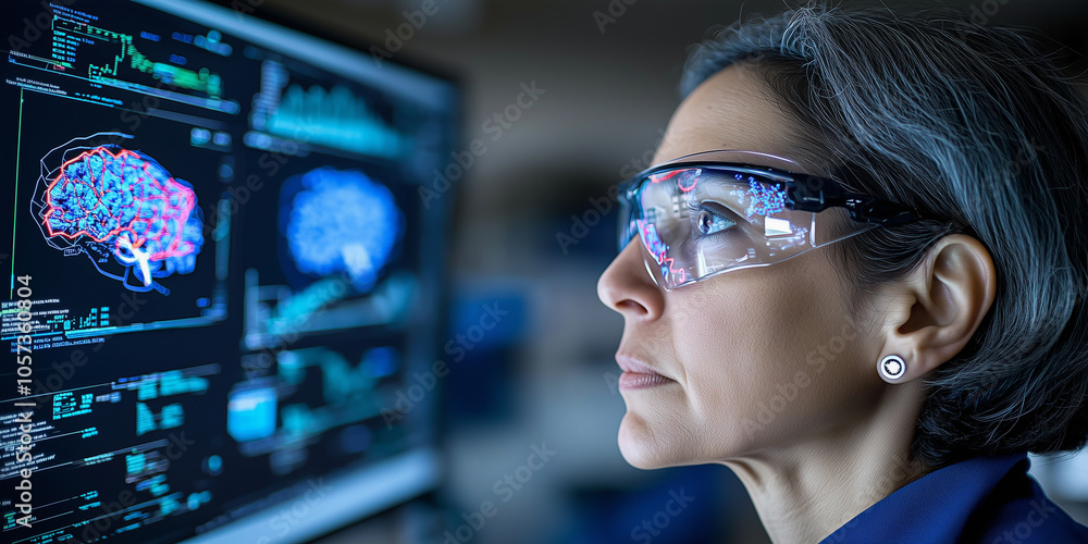 Poster woman wearing smart glasses analyzes brain data on computer screen, showcasing advanced technology i