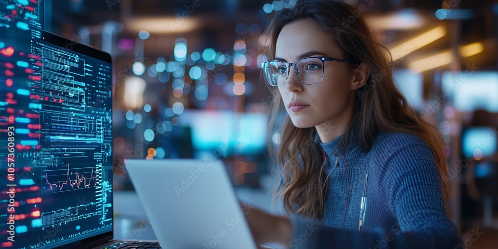 Poster focused woman in glasses works on laptop, analyzing data on screen in modern office setting. environ