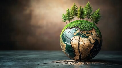 A cracked globe supports lush greenery, symbolizing the fragile balance of nature and the importance of environmental conservation.
