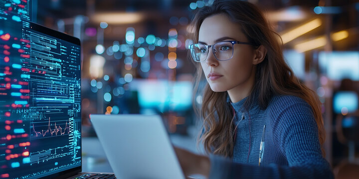 focused woman in glasses works on laptop, analyzing data on screen in modern office setting. environment is illuminated with blue and orange lights, creating tech savvy atmosphere