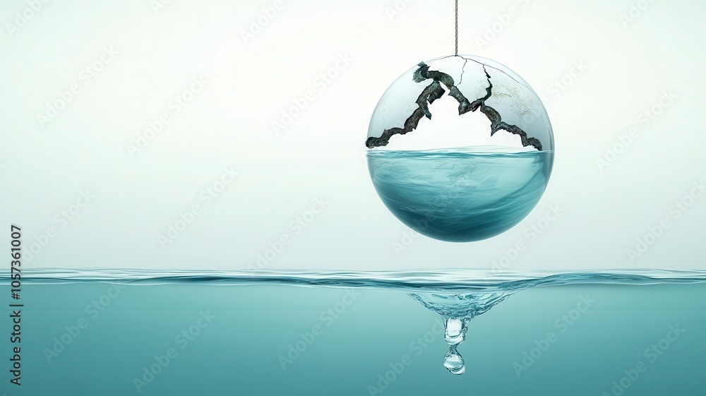 Poster a suspended sphere partially submerged in water, reflecting light and creating a serene, minimalist 