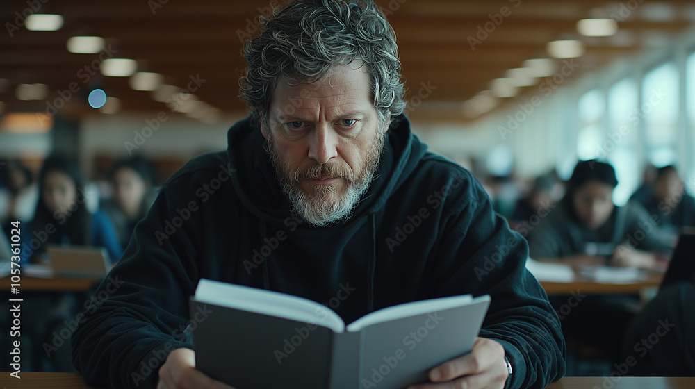Aufkleber focused man with beard reads book in library, surrounded by students. atmosphere is studious and qui
