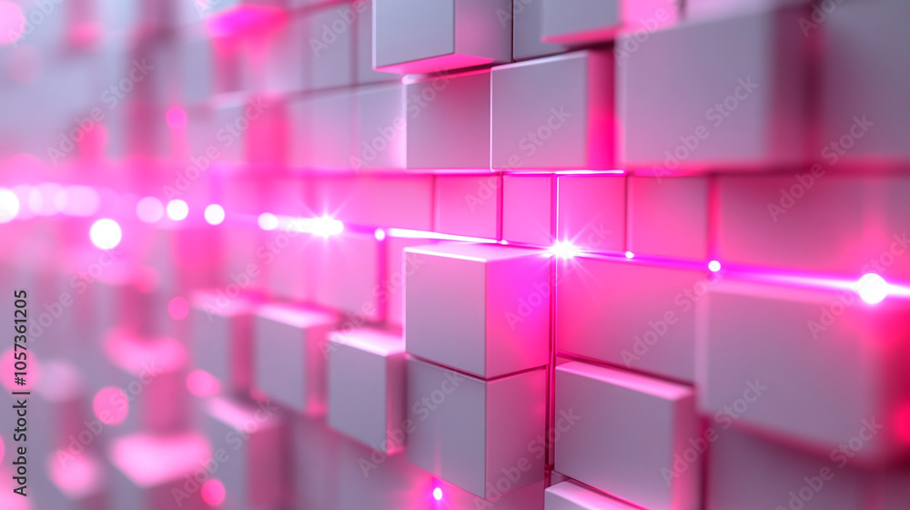 Poster dynamic abstract composition of glowing pink and white cubes creating a mesmerizing visual effect