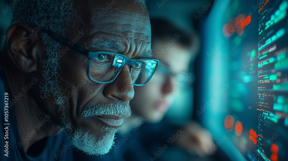 Poster experienced lecturer helps scholar with project advising, focusing intently on computer screens displaying code