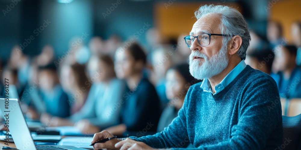 Poster focused elderly man with glasses attentively listens during lecture in classroom setting, surrounded