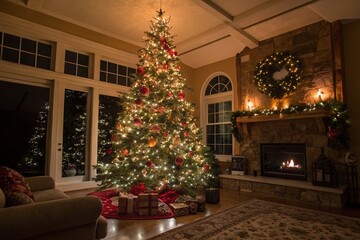 Beautifully Decorated Christmas Tree with Lights and Copy Space for Holiday Greetings