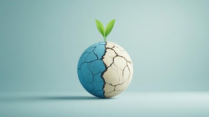 Fototapeta premium A cracked globe with a green sprout symbolizes hope and the importance of environmental sustainability.