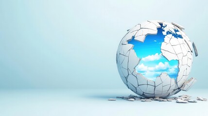A 3D globe with a fragmented surface, revealing blue sky and clouds, symbolizes environmental themes and global connectivity.