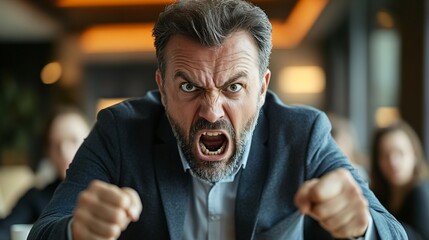 Angry boss yelling screaming in meeting. Bad temper bossy businessman frustrated with very furious angry face shouting pointing at office, frightened sad worker listening to his swearing background