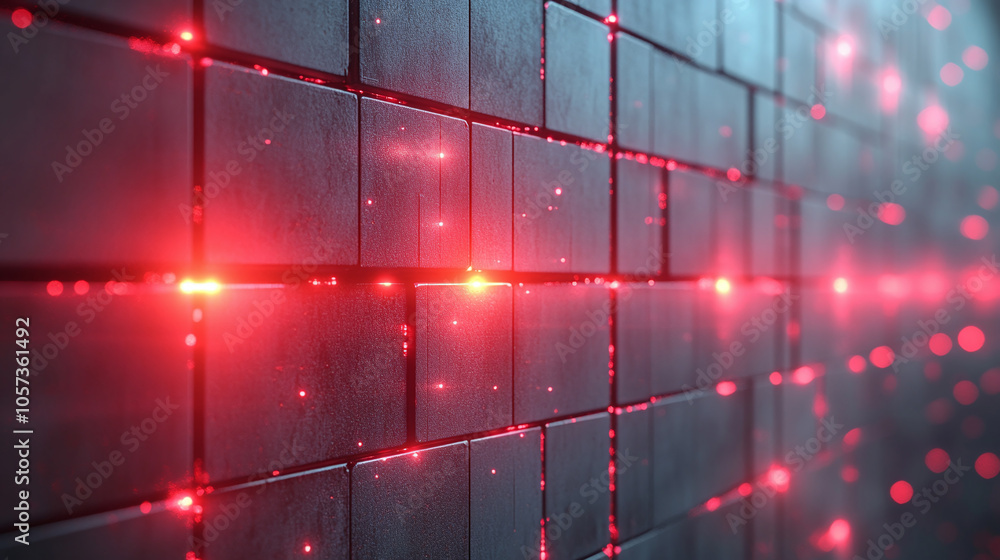 Aufkleber glowing red lights create intricate patterns on a textured dark tile wall in a futuristic space