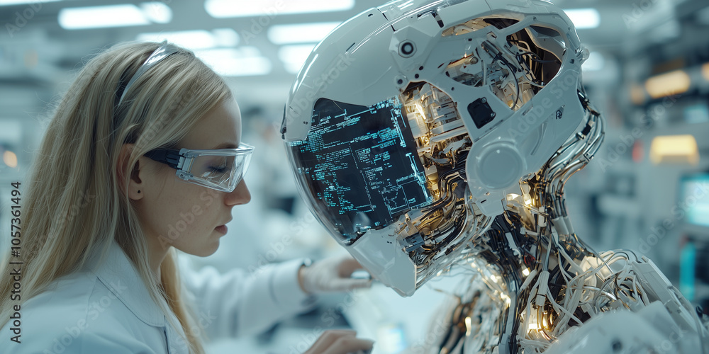 Poster female engineer examines humanoid robot in futuristic lab, showcasing advanced technology and innova