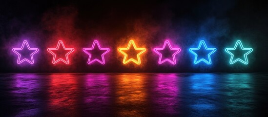 Neon stars glowing in vibrant colors against a dark background, creating a festive atmosphere.