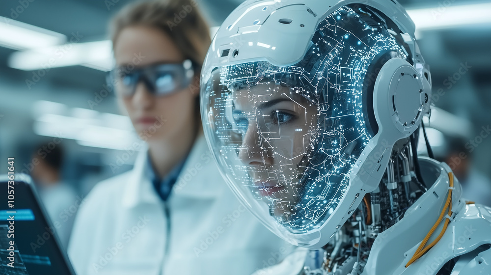 Aufkleber futuristic robot with transparent digital interface works alongside focused engineer in high tech la