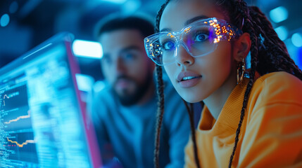 young woman with braided hair and futuristic glasses works intently on computer, surrounded by high tech environment with glowing screens and data
