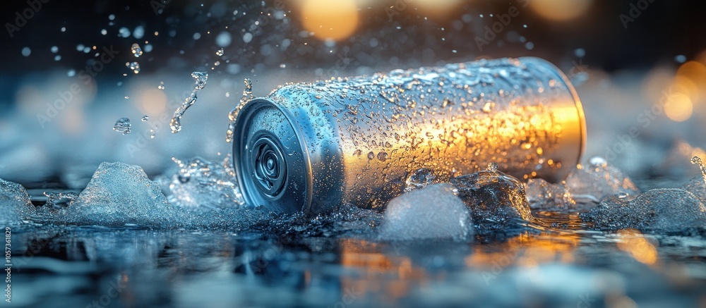 Poster a can resting on ice with water droplets, creating a refreshing drink scene.
