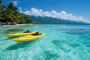Two yellow kayaks floating on crystal clear tropical water in moorea, french polynesia